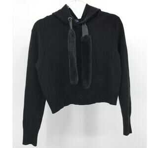 Zara Knit Women's Black Faux Fur Crop Hoodie Sweater Size S